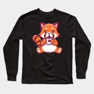 Cute Red Panda Drinking Coffee Cartoon Long Sleeve T-Shirt